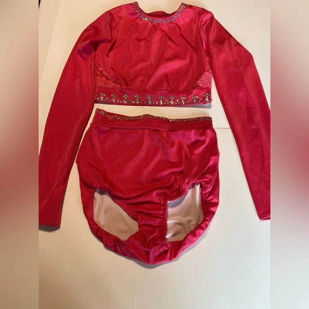 Kelle solo dance custom costume 2 piece hot pink rhinestoned crop top Teen